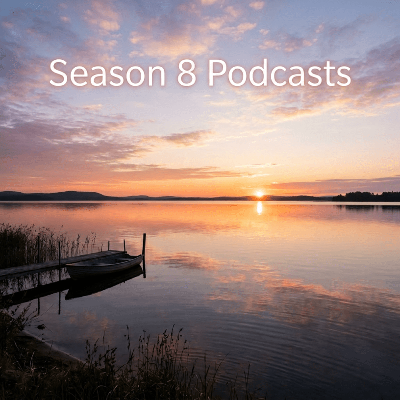 Boat tied to a wooden dock on a calm lake at sunset with reflections on the water